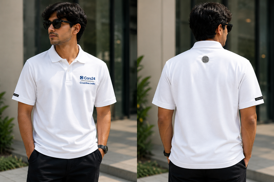 Cars24 Premium White Polo Tee – Crashfree India Edition